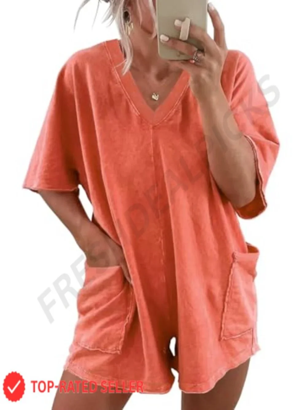 Mineral Washed Cotton V-Neck Romper Jumpsuit with Pockets